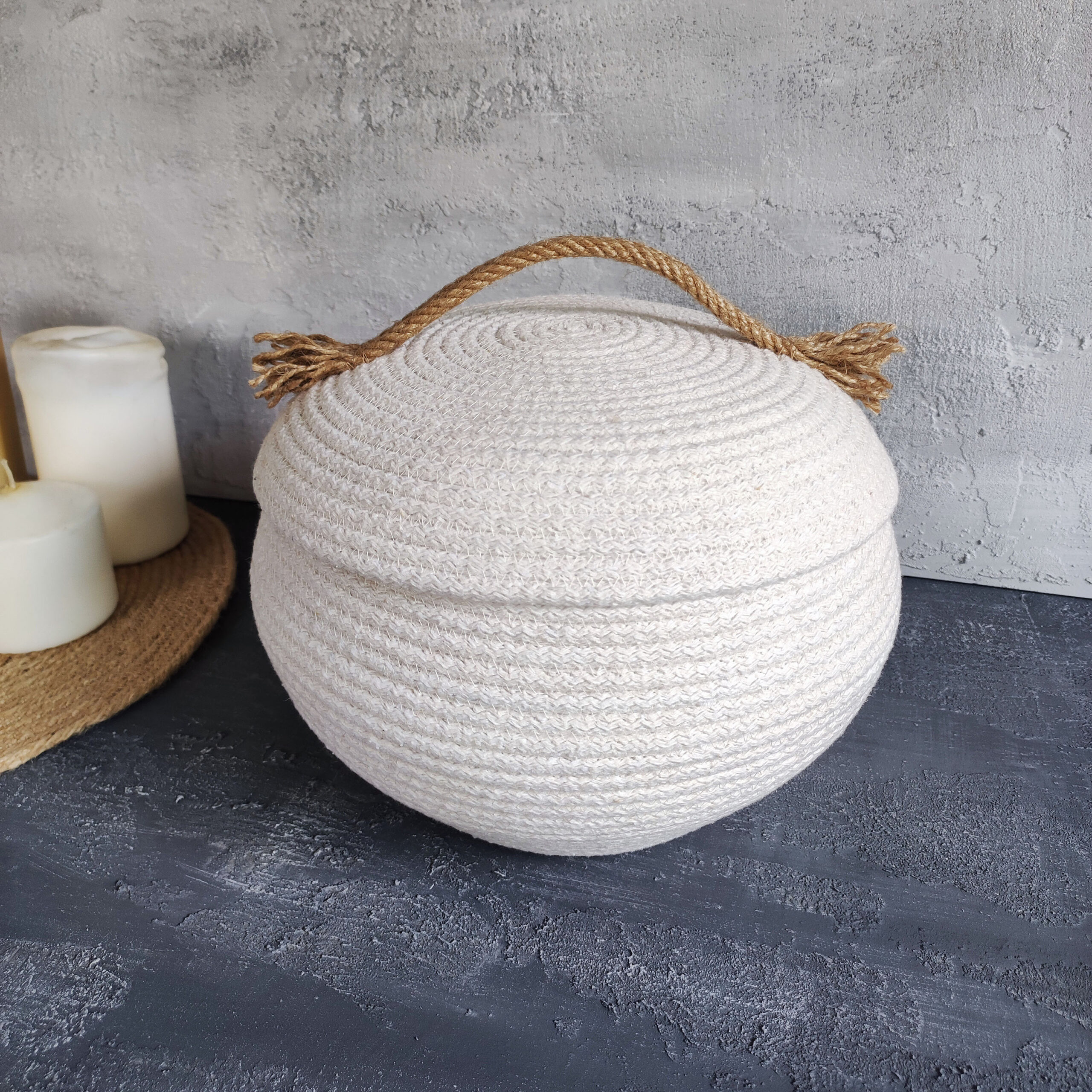 Cotton Rope Basket with Lid: Round Decorative Storage Organizer
