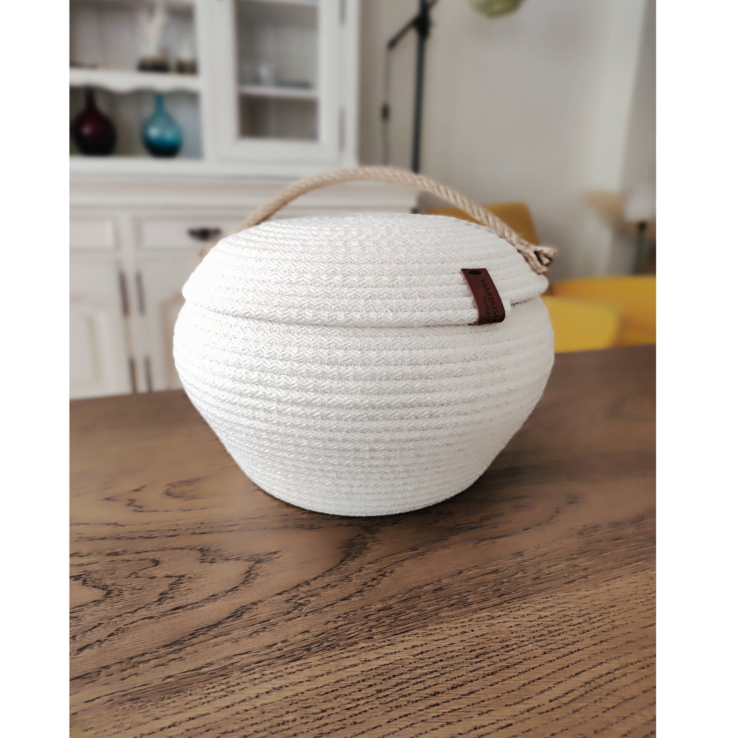 Cotton Rope Basket with Lid: Round Decorative Storage Organizer - Image 2